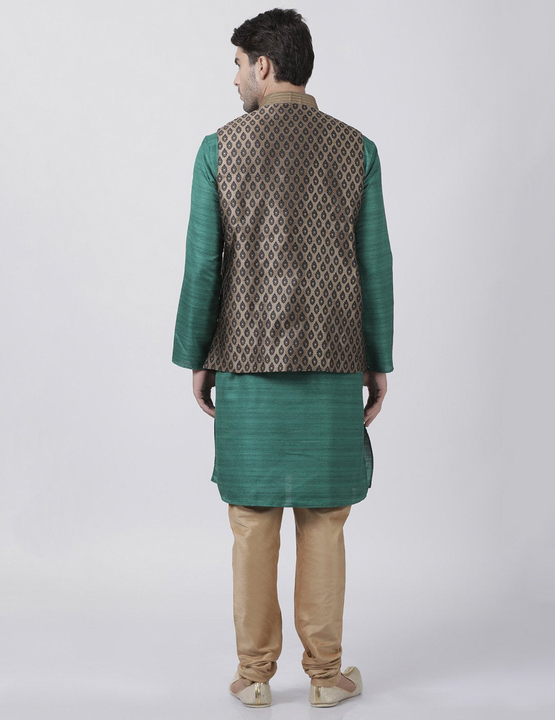 Men's Green Cotton Silk Blend Kurta, Ethnic Jacket and Pyjama Set