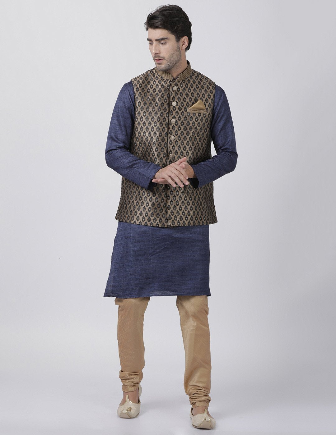 Men's Dark Blue Cotton Silk Blend Kurta, Ethnic Jacket and Pyjama Set