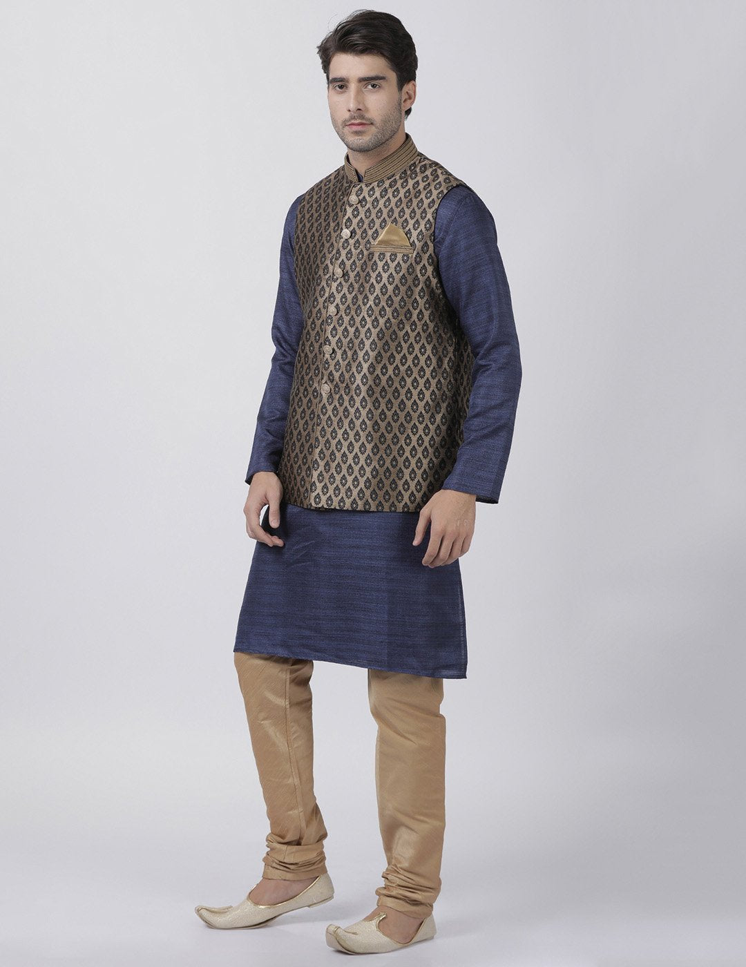 Men's Dark Blue Cotton Silk Blend Kurta, Ethnic Jacket and Pyjama Set