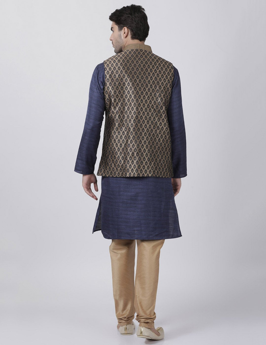 Men's Dark Blue Cotton Silk Blend Kurta, Ethnic Jacket and Pyjama Set