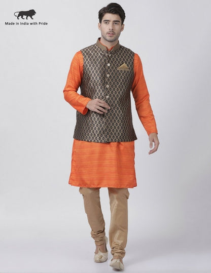 Men's Orange Cotton Silk Blend Kurta, Ethnic Jacket and Pyjama Set