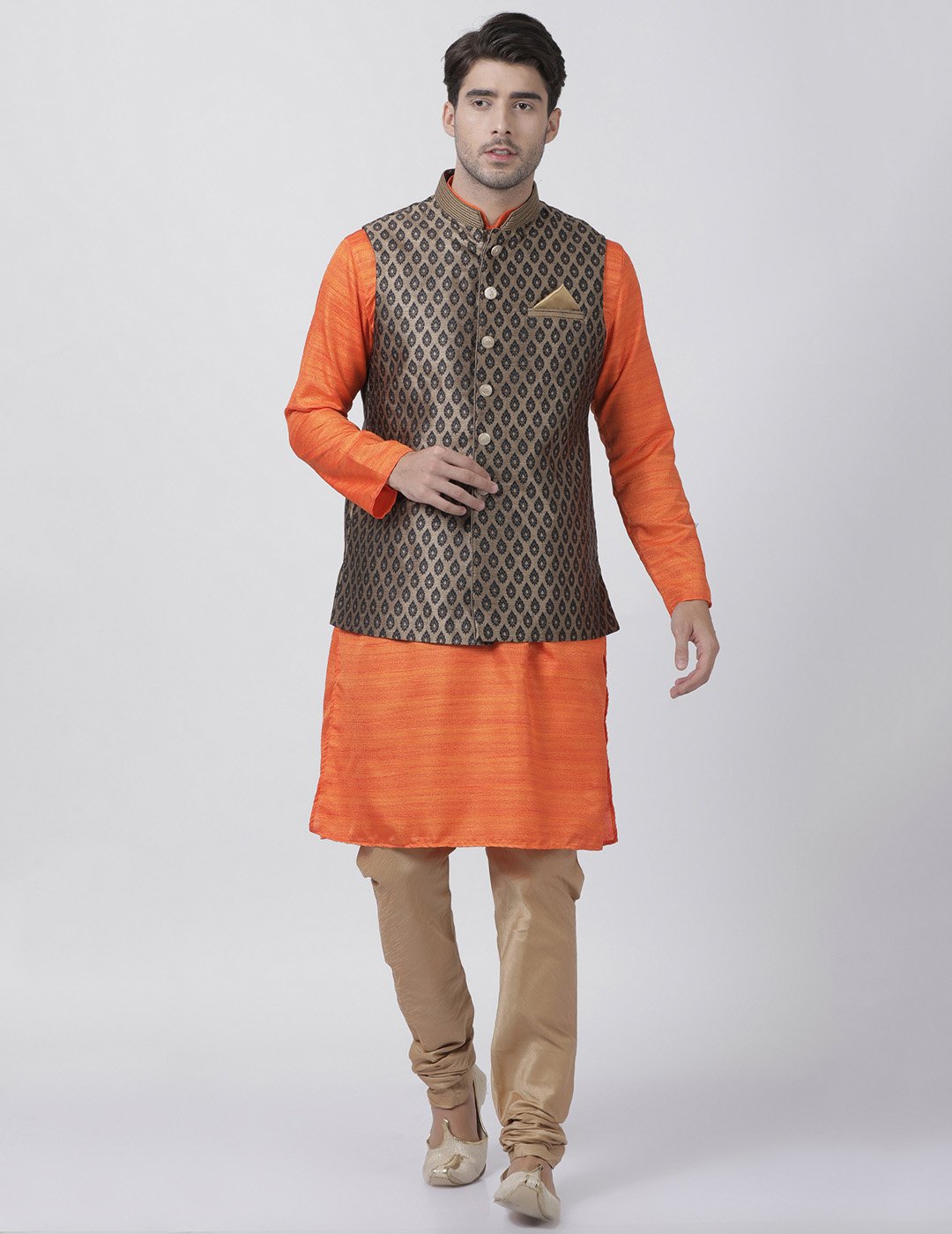 Men's Black Cotton Silk Blend Ethnic Jacket