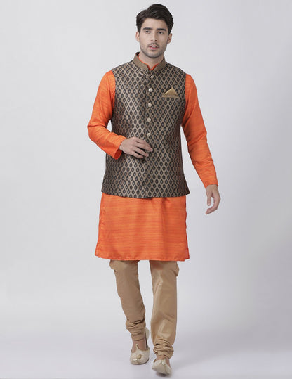 Men's Black Cotton Silk Blend Ethnic Jacket