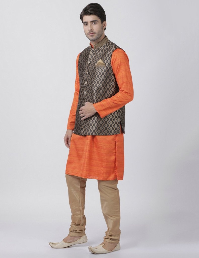 Men's Orange Cotton Silk Blend Kurta, Ethnic Jacket and Pyjama Set
