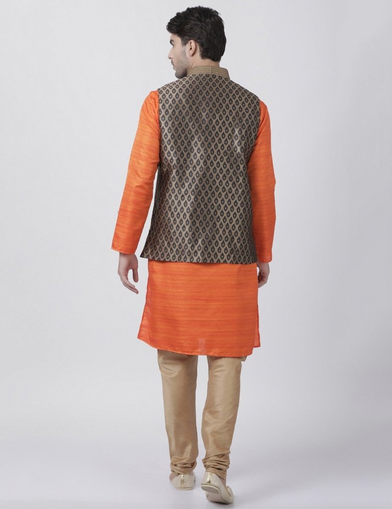 Men's Orange Cotton Silk Blend Kurta, Ethnic Jacket and Pyjama Set