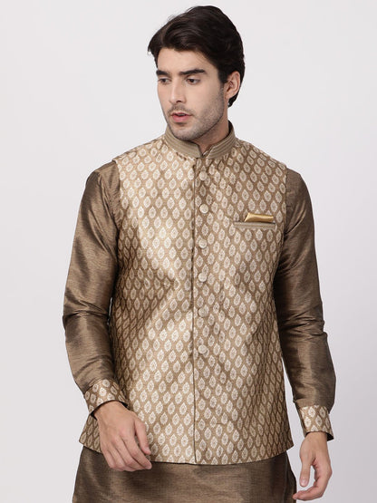 Men's Gold Cotton Silk Blend Ethnic Jacket