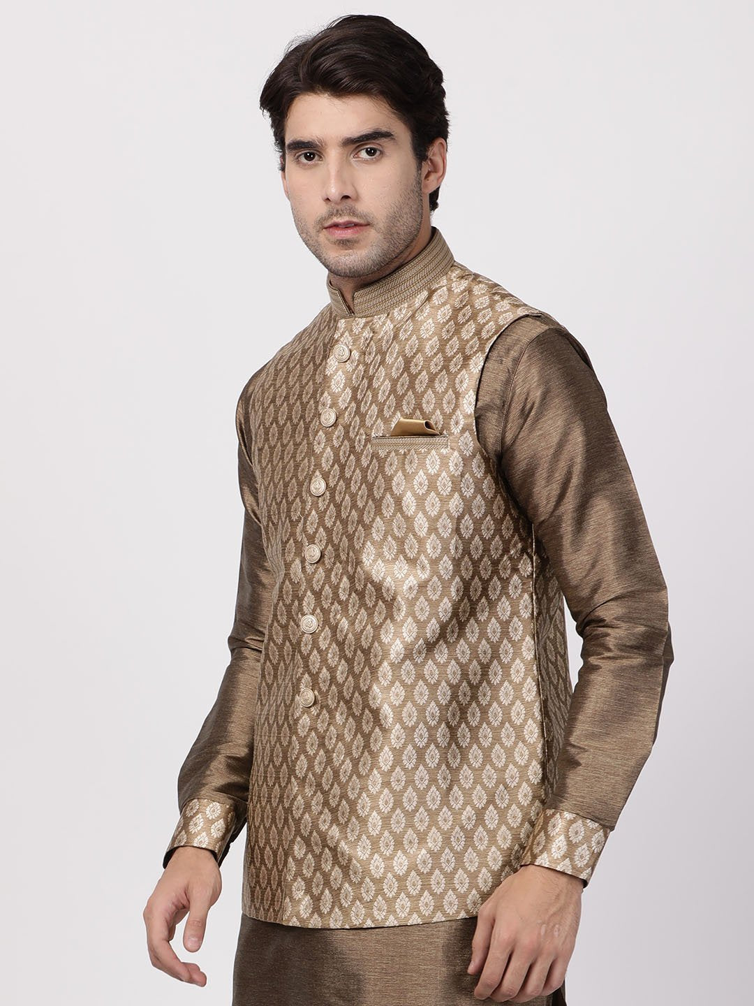 Men's Gold Cotton Silk Blend Ethnic Jacket
