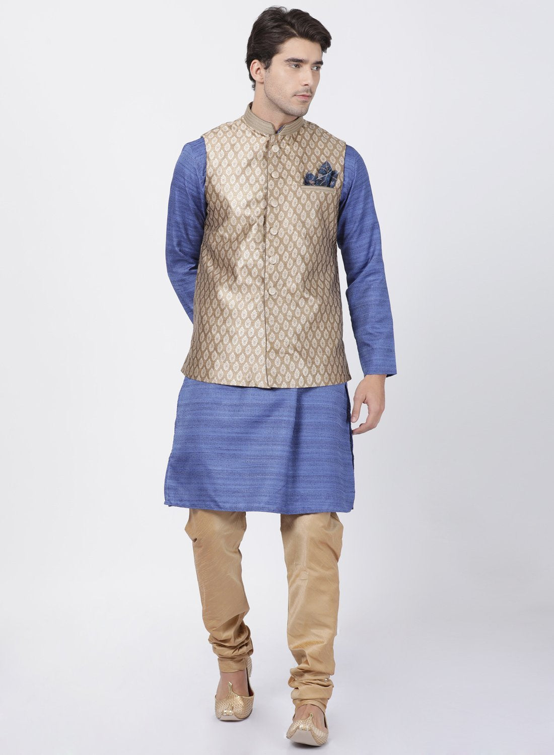 Men's Blue Cotton Silk Blend Kurta, Ethnic Jacket and Pyjama Set
