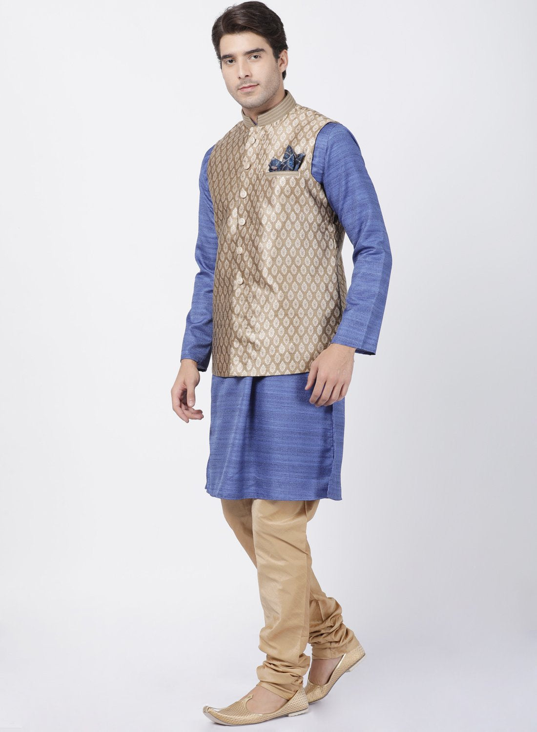 Men's Blue Cotton Silk Blend Kurta, Ethnic Jacket and Pyjama Set