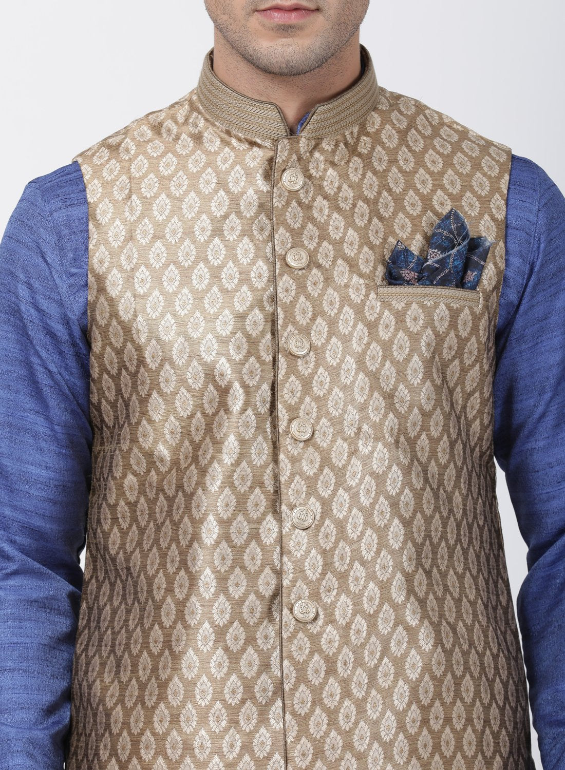 Men's Blue Cotton Silk Blend Kurta, Ethnic Jacket and Pyjama Set