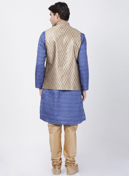 Men's Blue Cotton Silk Blend Kurta, Ethnic Jacket and Pyjama Set