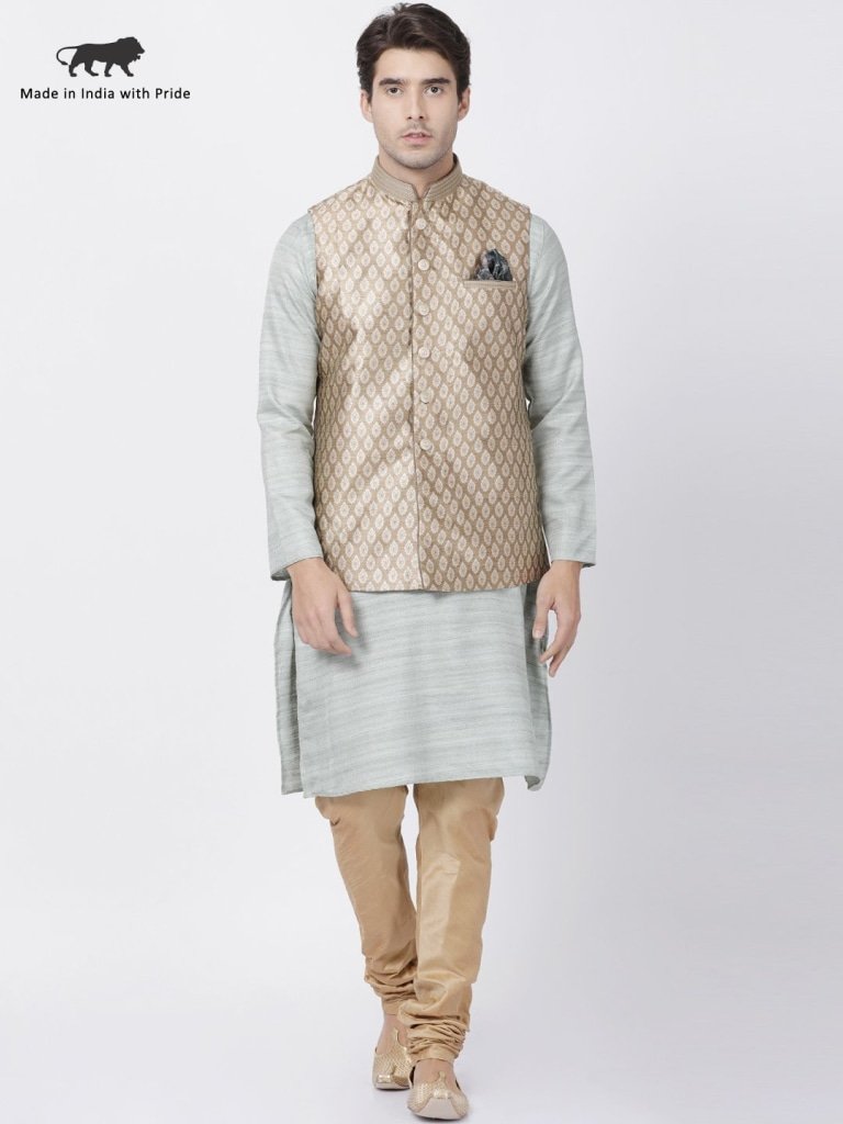 Men's Light Green Cotton Silk Blend Kurta, Ethnic Jacket and Pyjama Set