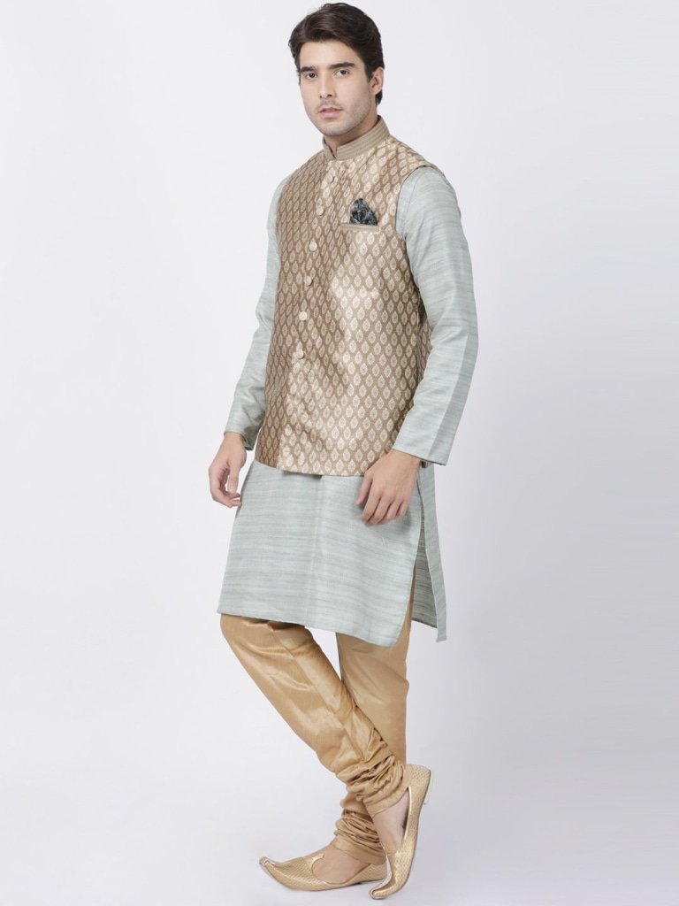 Men's Light Green Cotton Silk Blend Kurta, Ethnic Jacket and Pyjama Set