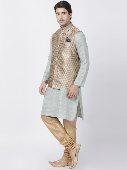 Men's Light Green Cotton Silk Blend Kurta, Ethnic Jacket and Pyjama Set