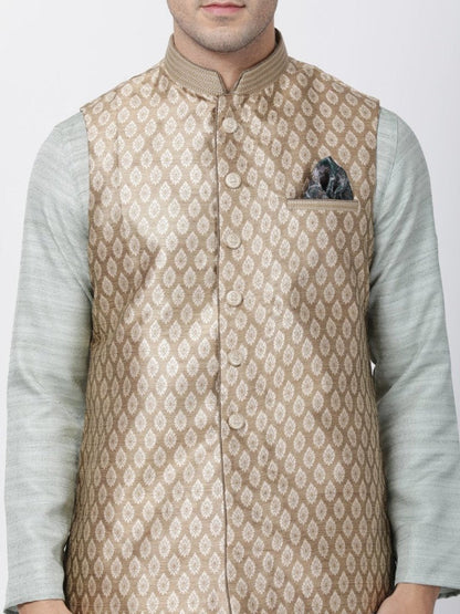 Men's Light Green Cotton Silk Blend Kurta, Ethnic Jacket and Pyjama Set