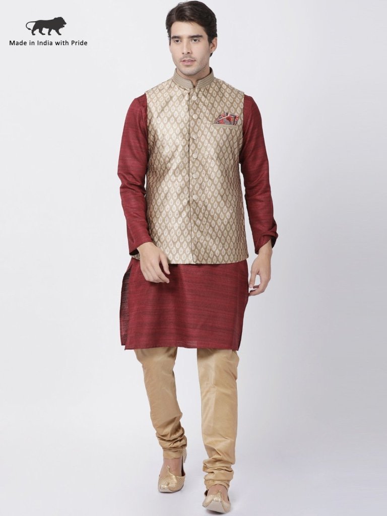 Men's Maroon Cotton Silk Blend Kurta, Ethnic Jacket and Pyjama Set