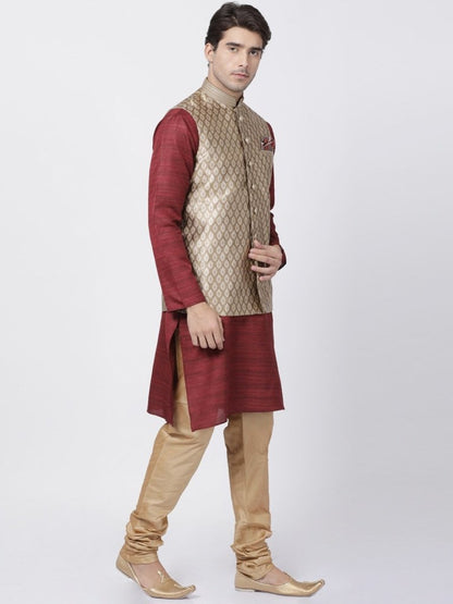 Men's Maroon Cotton Silk Blend Kurta, Ethnic Jacket and Pyjama Set