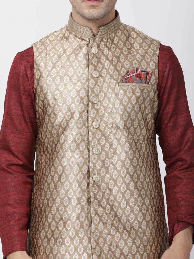 Men's Maroon Cotton Silk Blend Kurta, Ethnic Jacket and Pyjama Set