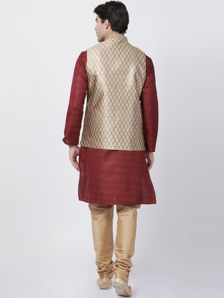 Men's Maroon Cotton Silk Blend Kurta, Ethnic Jacket and Pyjama Set