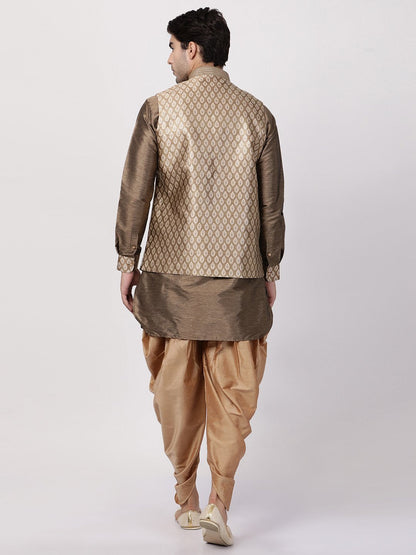 Men's Gold Cotton Silk Blend Ethnic Jacket, Kurta and Dhoti Pant Set
