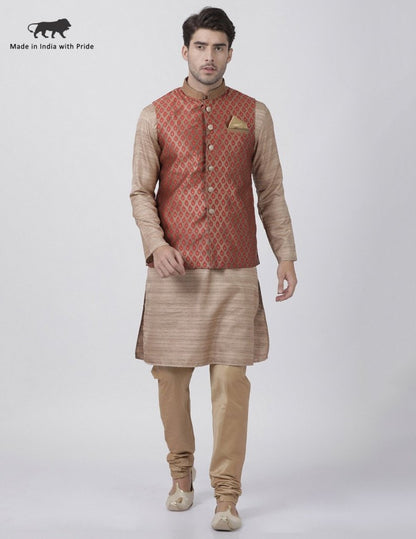 Men's Gold Cotton Silk Blend Kurta, Ethnic Jacket and Pyjama Set