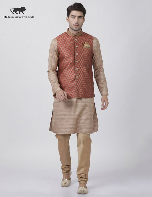 Men's Gold Cotton Silk Blend Kurta, Ethnic Jacket and Pyjama Set