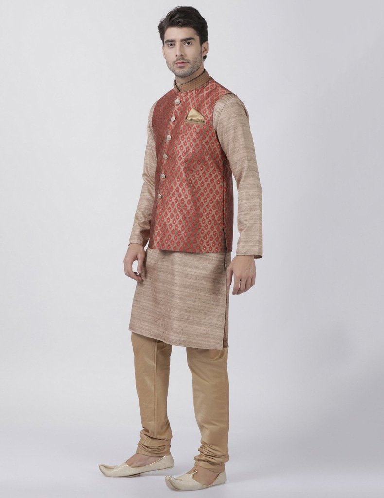 Men's Gold Cotton Silk Blend Kurta, Ethnic Jacket and Pyjama Set