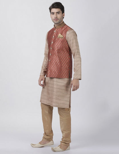 Men's Gold Cotton Silk Blend Kurta, Ethnic Jacket and Pyjama Set