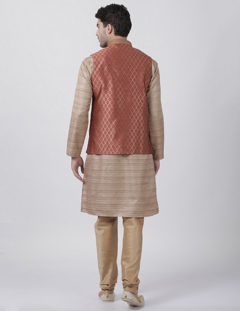 Men's Gold Cotton Silk Blend Kurta, Ethnic Jacket and Pyjama Set