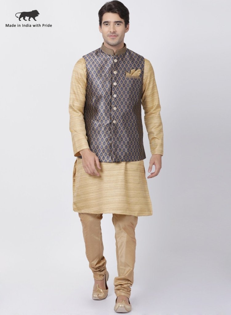 Men's Beige Cotton Silk Blend Kurta, Ethnic Jacket and Pyjama Set