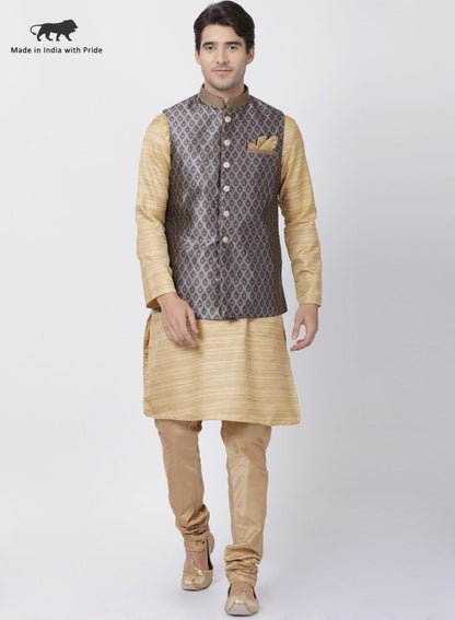 Men's Beige Cotton Silk Blend Kurta, Ethnic Jacket and Pyjama Set