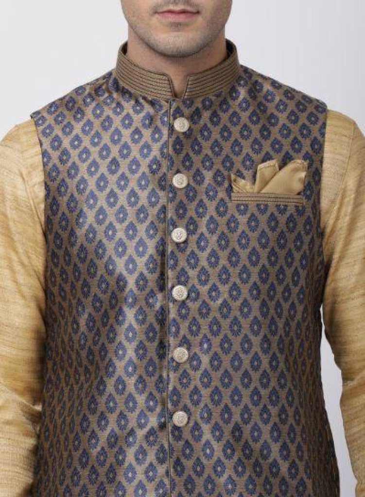Men's Beige Cotton Silk Blend Kurta, Ethnic Jacket and Pyjama Set