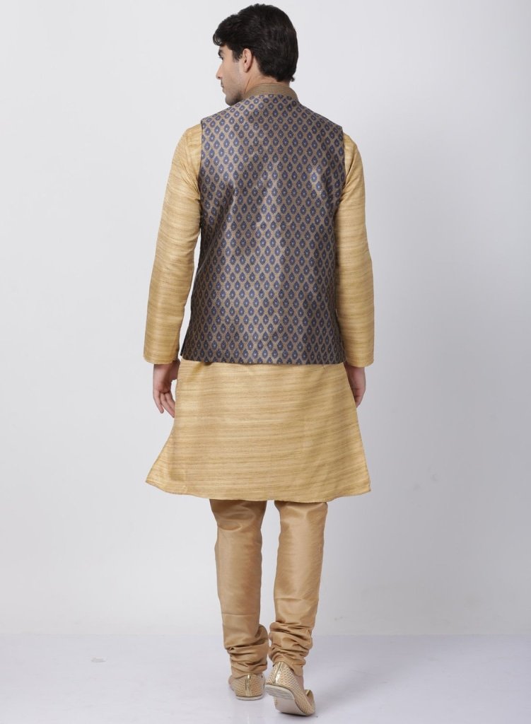 Men's Beige Cotton Silk Blend Kurta, Ethnic Jacket and Pyjama Set