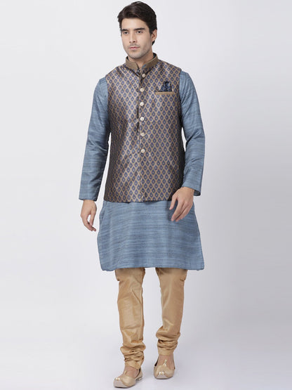 Men's Grey Cotton Silk Blend Kurta, Ethnic Jacket and Pyjama Set