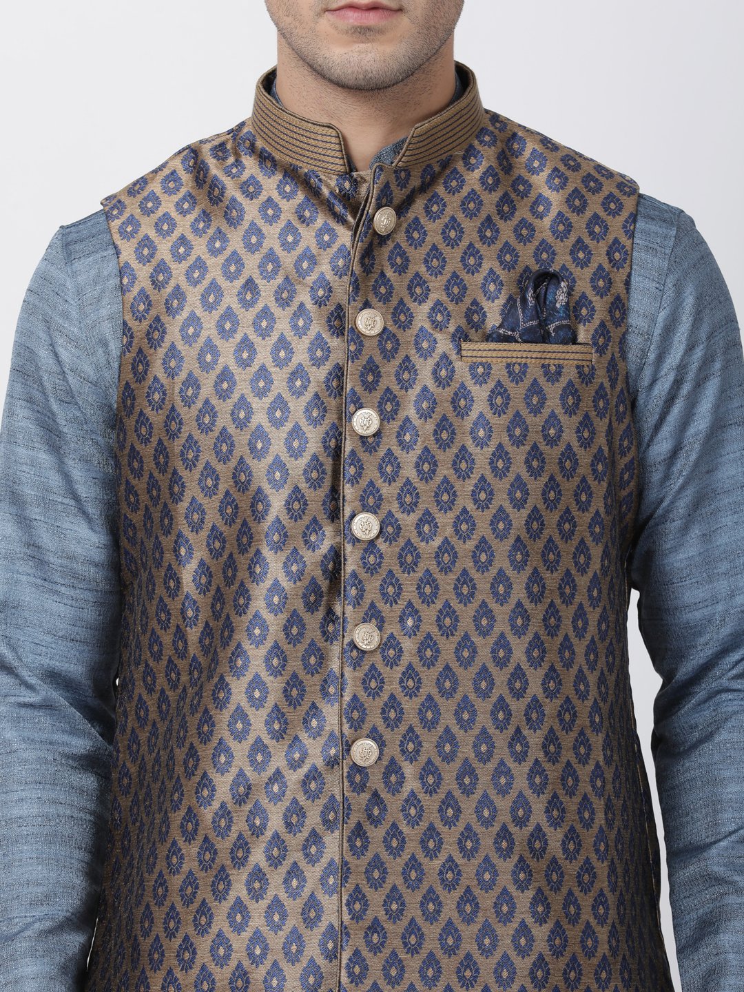 Men's Grey Cotton Silk Blend Kurta, Ethnic Jacket and Pyjama Set