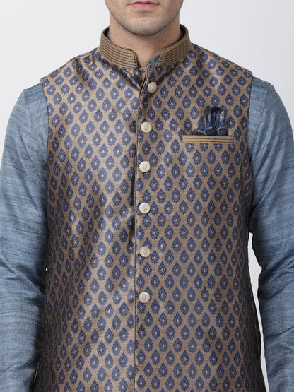 Men's Grey Cotton Silk Blend Kurta, Ethnic Jacket and Pyjama Set