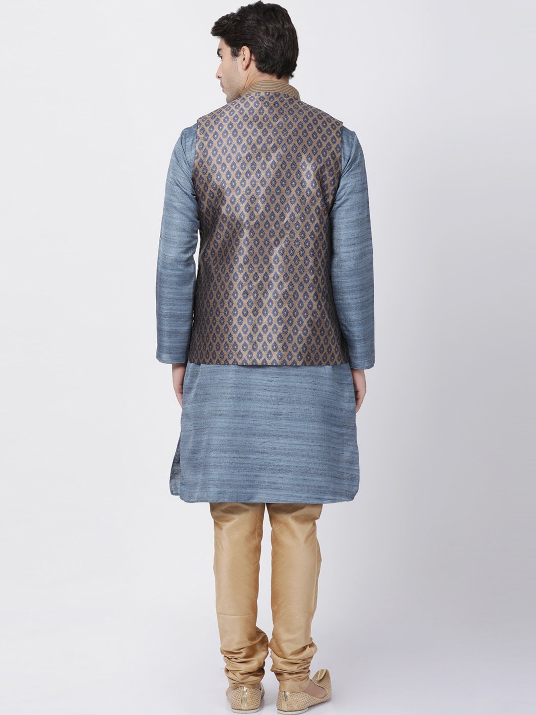 Men's Grey Cotton Silk Blend Kurta, Ethnic Jacket and Pyjama Set