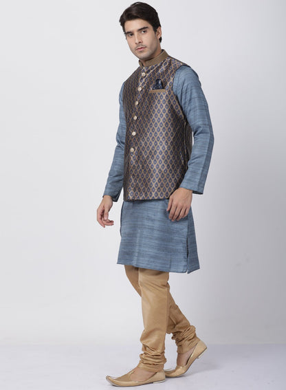 Men's Grey Cotton Silk Blend Kurta, Ethnic Jacket and Pyjama Set