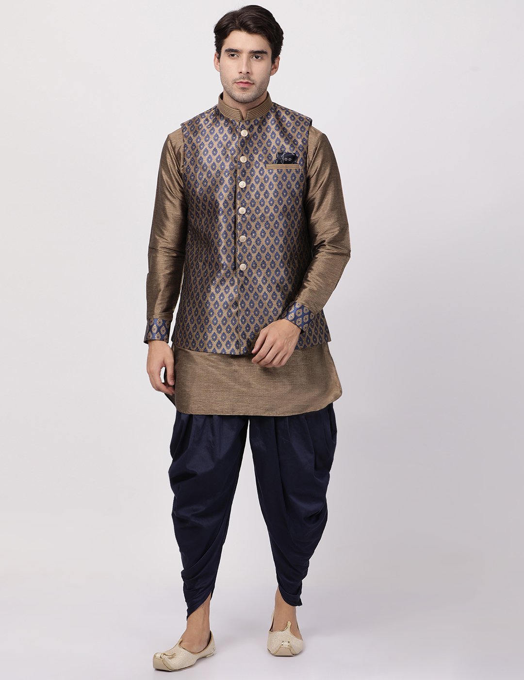 Men's Dark Blue Cotton Silk Blend Ethnic Jacket