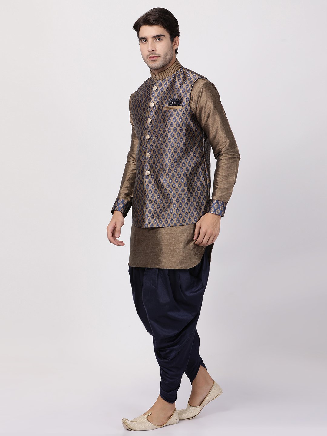 Men's Dark Blue Cotton Silk Blend Ethnic Jacket, Kurta and Dhoti Pant Set