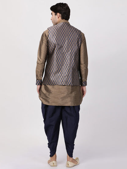 Men's Dark Blue Cotton Silk Blend Ethnic Jacket, Kurta and Dhoti Pant Set