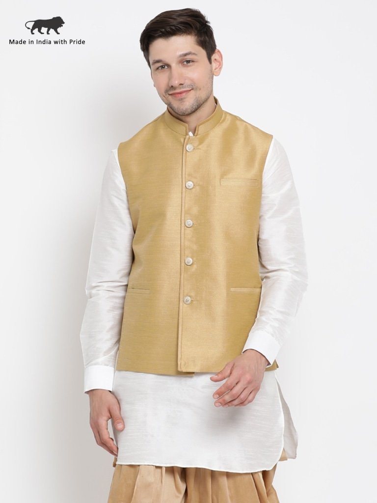Men's Beige Cotton Silk Blend Ethnic Jacket