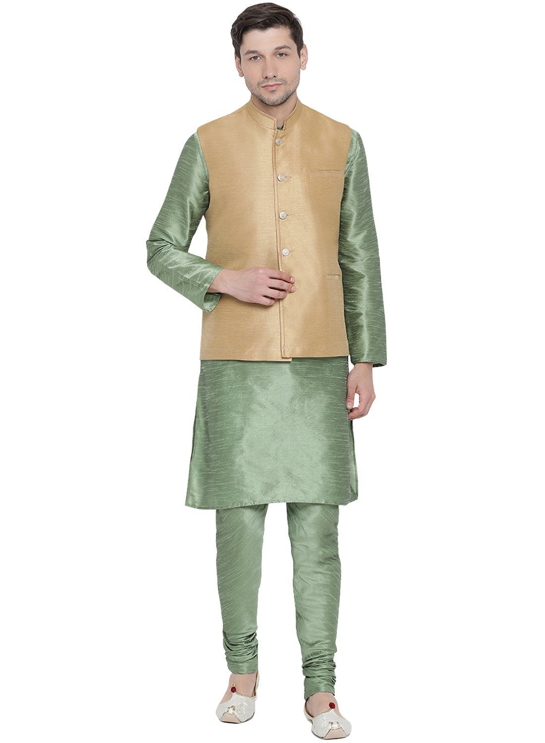 Men's Light Green Cotton Silk Blend Kurta, Ethnic Jacket and Pyjama Set