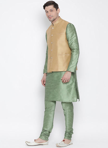 Men's Light Green Cotton Silk Blend Kurta, Ethnic Jacket and Pyjama Set
