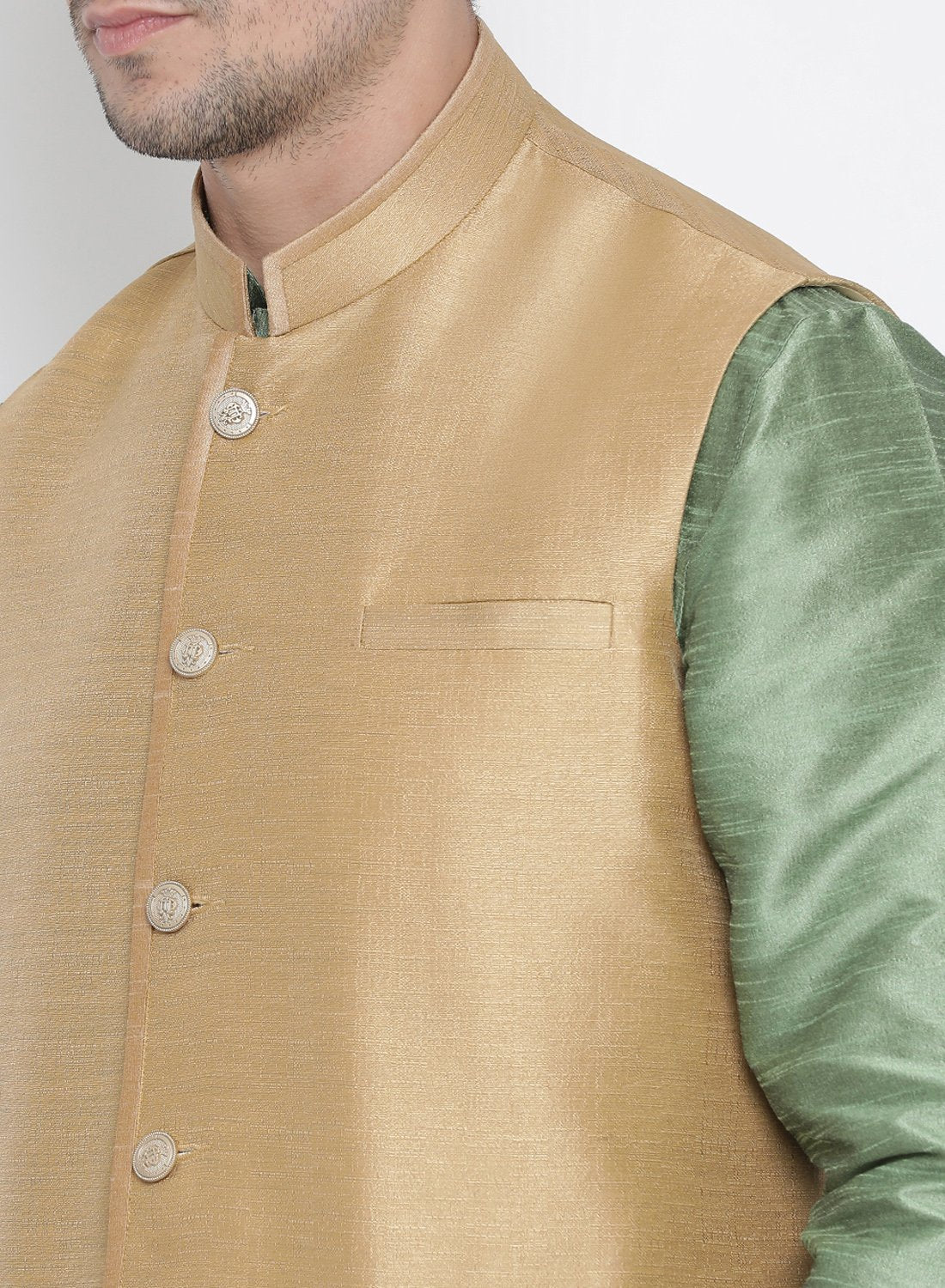Men's Light Green Cotton Silk Blend Kurta, Ethnic Jacket and Pyjama Set