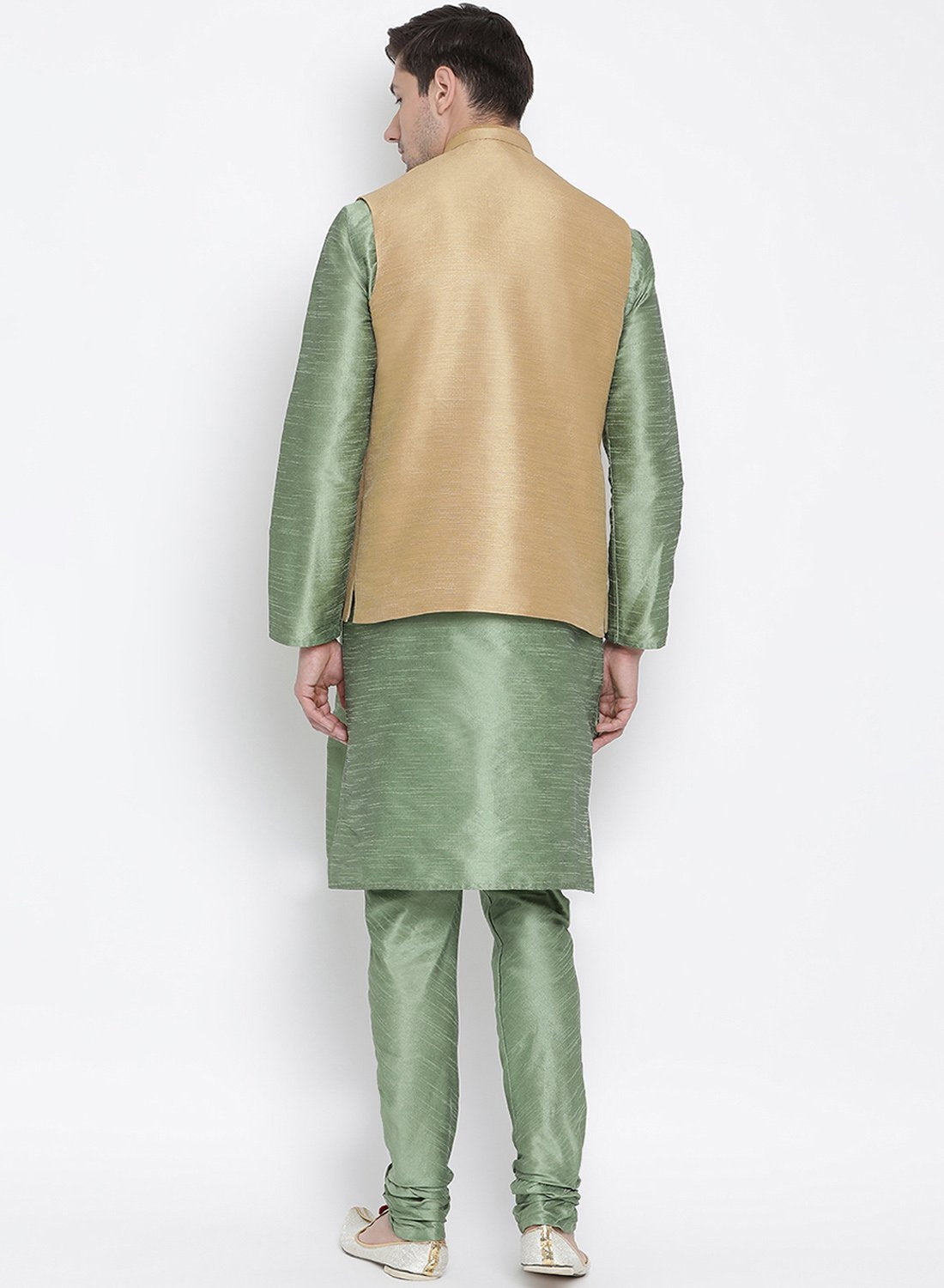 Men's Light Green Cotton Silk Blend Kurta, Ethnic Jacket and Pyjama Set