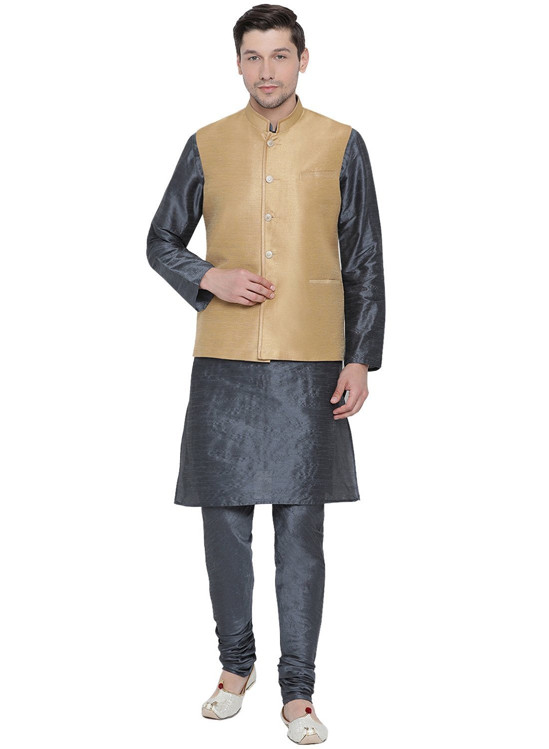 Men's Grey Cotton Silk Blend Kurta, Ethnic Jacket and Pyjama Set