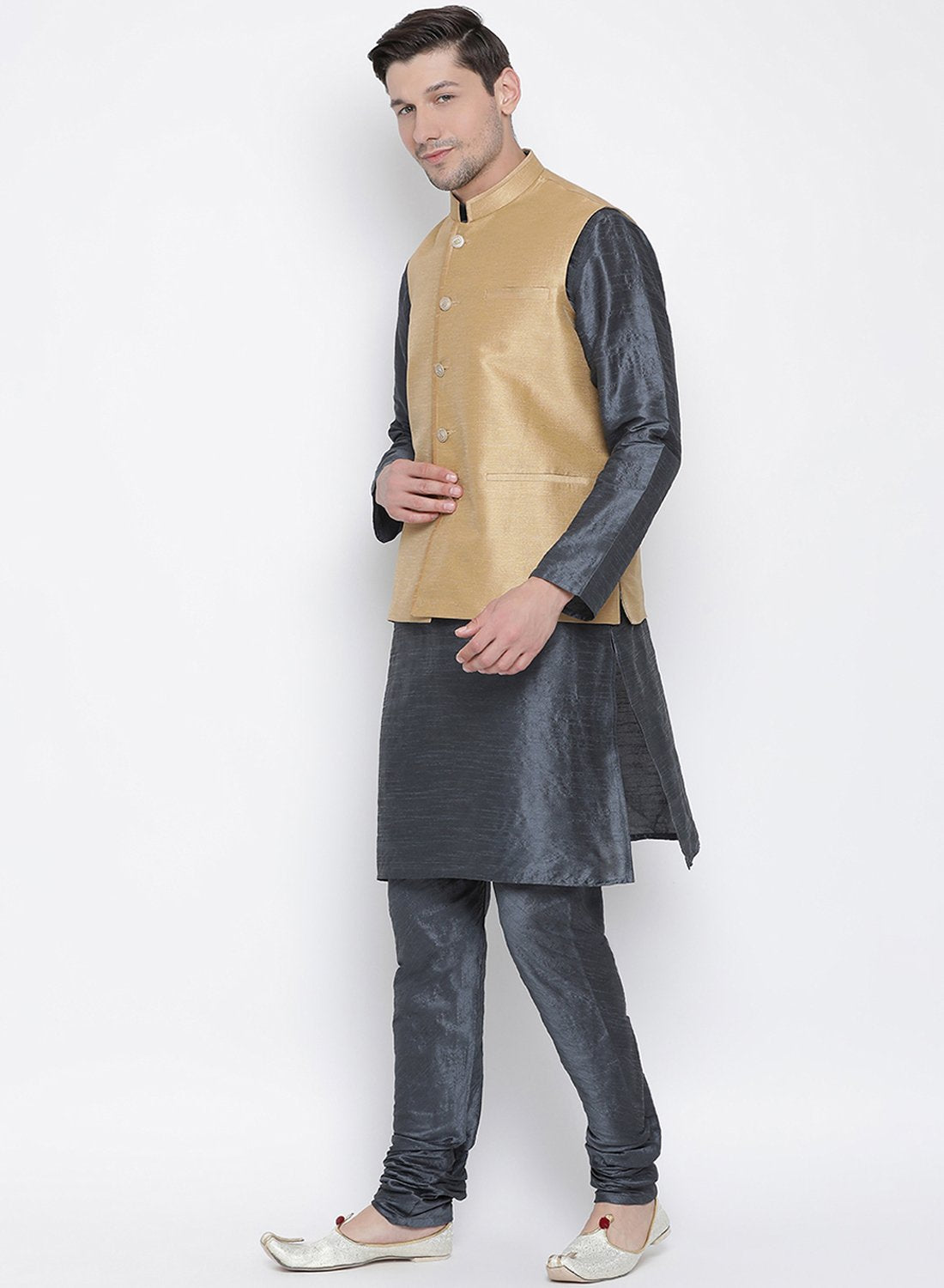 Men's Grey Cotton Silk Blend Kurta, Ethnic Jacket and Pyjama Set