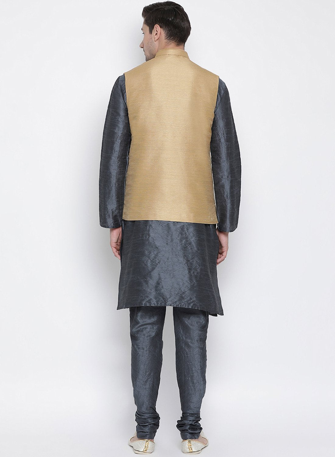 Men's Grey Cotton Silk Blend Kurta, Ethnic Jacket and Pyjama Set
