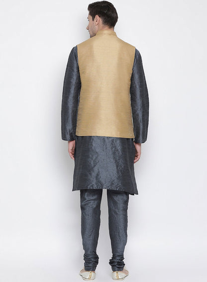 Men's Grey Cotton Silk Blend Kurta, Ethnic Jacket and Pyjama Set